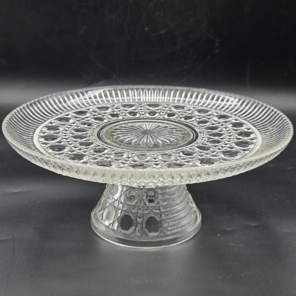 11" Cake Plate Pedestal Vintage Windsor Button & Cane‎ Pattern Federal Glass